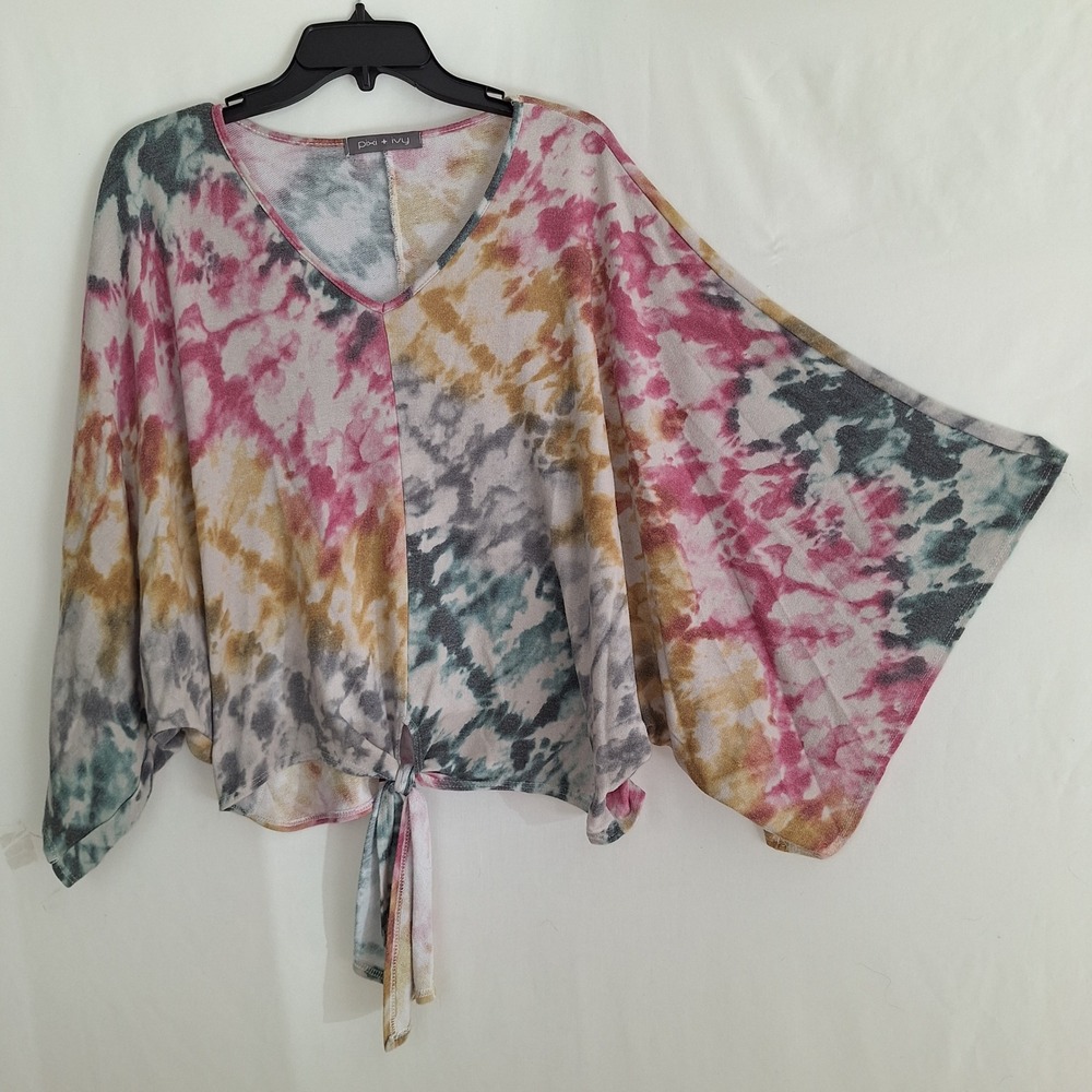 Boho Bohemian Grunge Cropped Tie Dye Batwing Front Tie Top Pixi + Ivy S/M